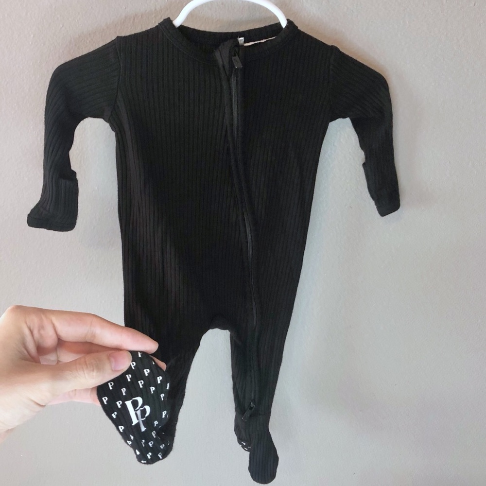 Posh Peanut NewBorn Black Ribbed Footed One-Piece